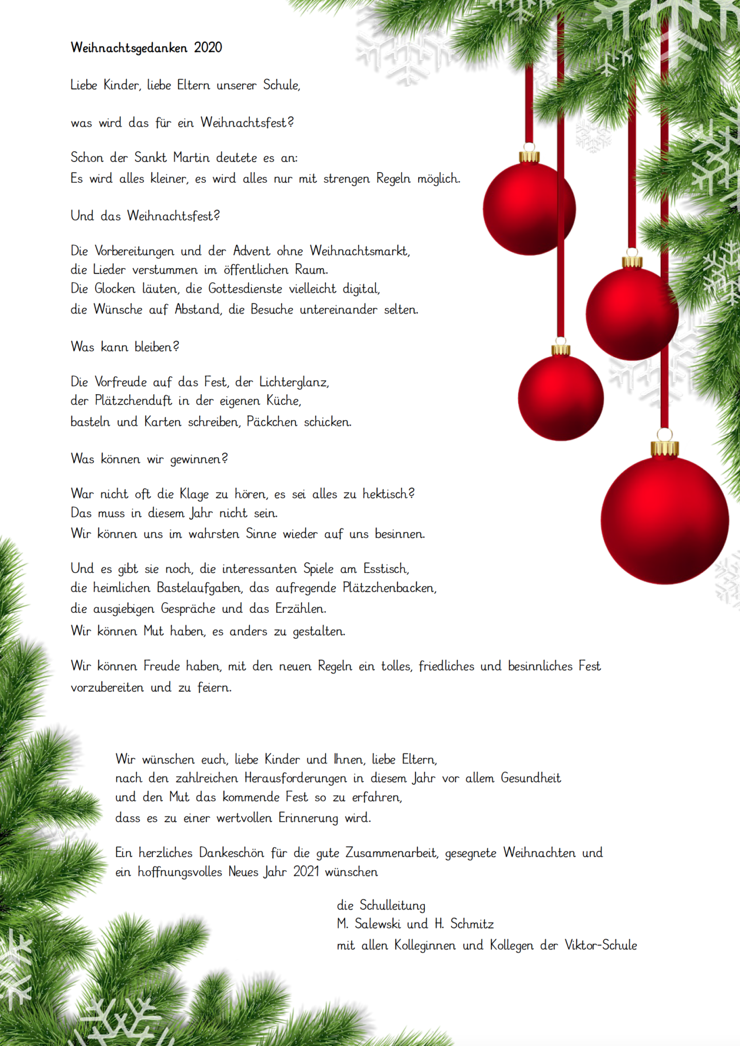 Weihnachtsgedanken 2020 ViktorSchuleXanten